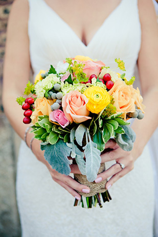 Yellow, Orange and Pink bridal bouquet | onefabday.com