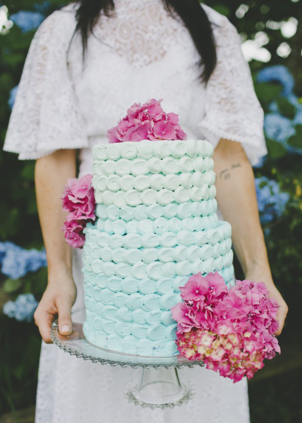 aqua wedding cake with pretty pink florals | onefabday.com