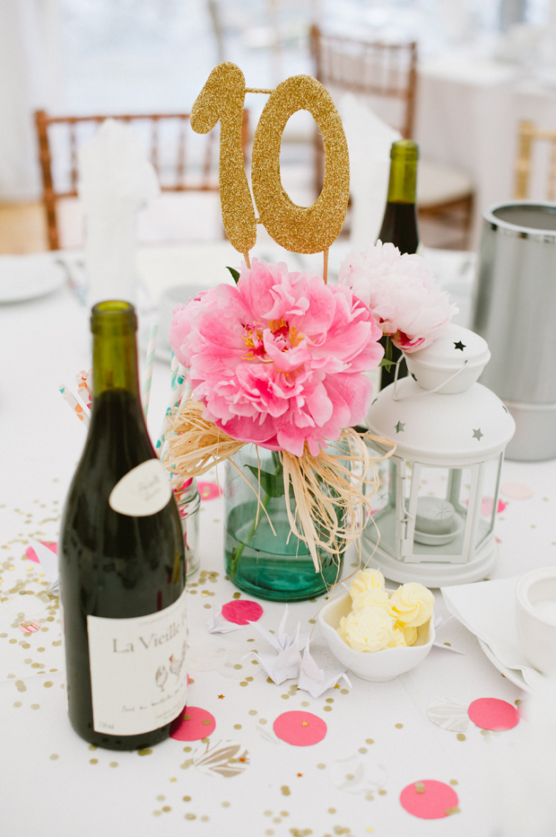 peony and glitter table number wedding centerpieces | onefabday.com