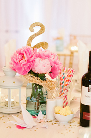 peony and glitter table number wedding centerpieces | onefabday.com