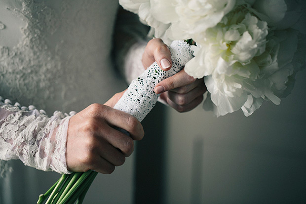 Lace wrapped white peony bridal bouquet | onefabday.com