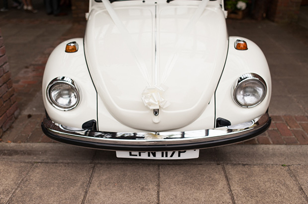 vw beetle wedding car | Paul and Ann's pretty barn wedding at Larchfield | onefabday.com