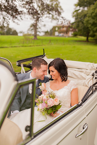 vw beetle wedding car | Paul and Ann's pretty barn wedding at Larchfield | onefabday.com