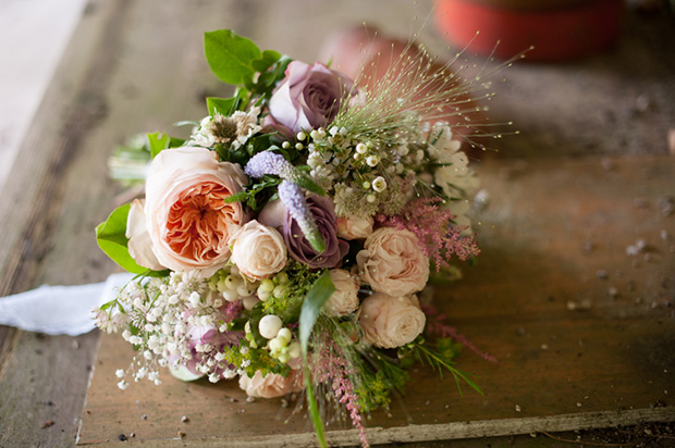 soft pastel bridal bouquet | Paul and Ann's pretty barn wedding at Larchfield | onefabday.com