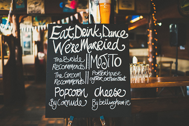 chalkboard wedding signage | Elaine and Kenny's pretty pastel pub wedding by Paula Gillespie | onefabday.com