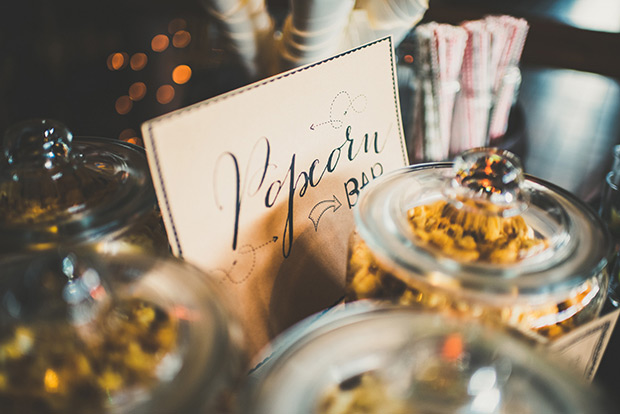 popcorn wedding bar! Elaine and Kenny's pretty pastel pub wedding by Paula Gillespie | onefabday.com