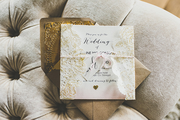 gold doily style wedding invitations | Elaine and Kenny's pretty pastel pub wedding by Paula Gillespie | onefabday.com