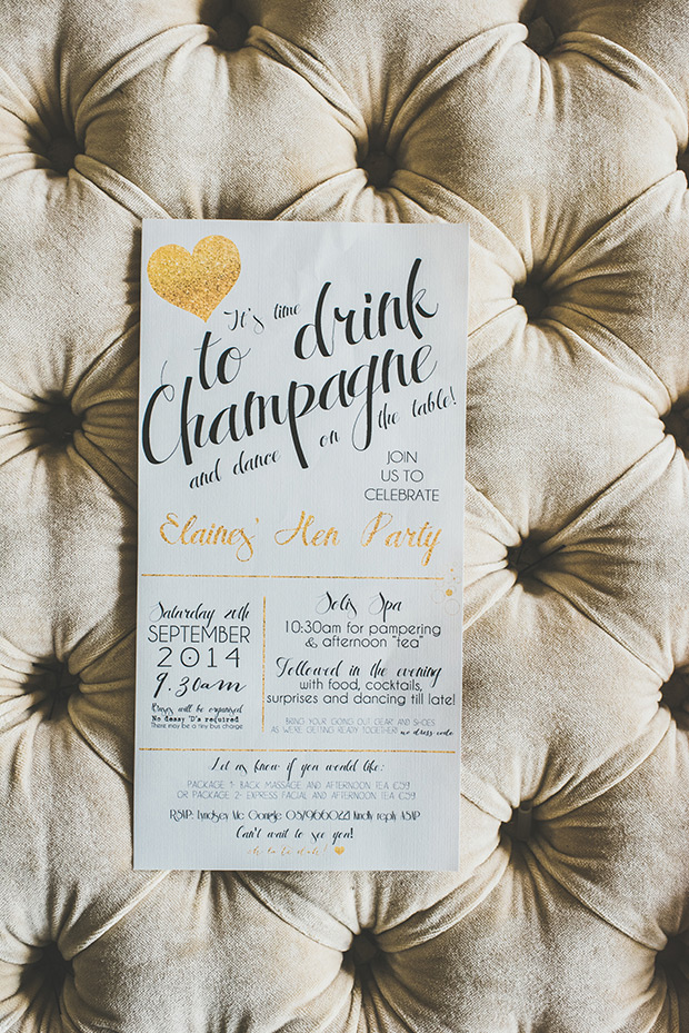 gold foil wedding invite | Elaine and Kenny's pretty pastel pub wedding by Paula Gillespie | onefabday.com