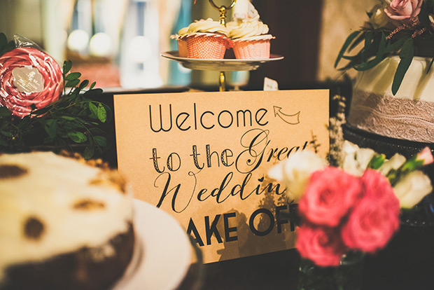 wedding bake off signage | Elaine and Kenny's pretty pastel pub wedding by Paula Gillespie | onefabday.com