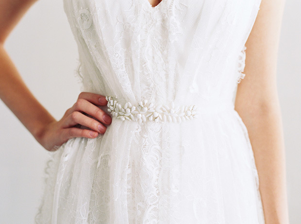 Embellished belt detail on Cecilia wedding dress by Saint Isabel Bridal | onefabday.com