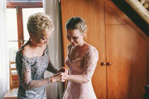 Beautiful bride Kirsty in a pink lace wedding dress by Love Made Visible see more on onefabday.com