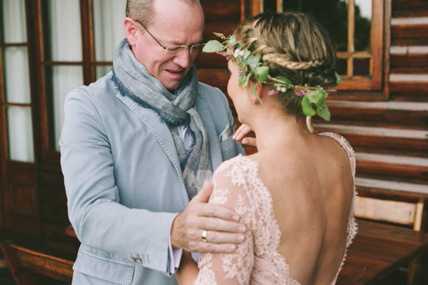 Beautiful bride Kirsty in a pink lace wedding dress by Love Made Visible see more on onefabday.com