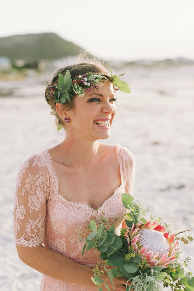 Beautiful bride Kirsty in a pink lace wedding dress by Love Made Visible see more on onefabday.com