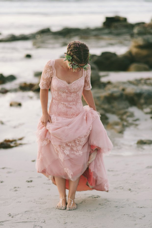 Beautiful bride Kirsty in a pink lace wedding dress by Love Made Visible see more on onefabday.com