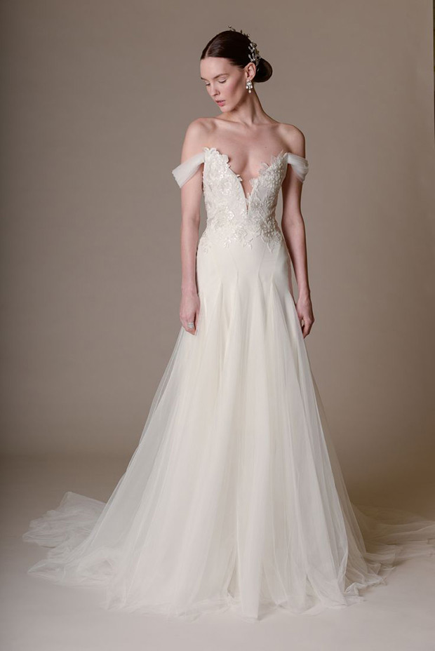 Off-the-shoulder tulle wedding dress with a plunging neckline, dropped waist, and seamed skirt, | onefabday.com