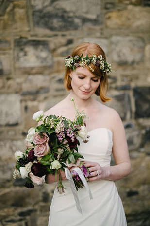 bride with floral garland and pretty bouquet by The Informal Florist | Mackenzie and Derby's Beautiful Dublin City Wedding at House by Simple Tapestry | see the full wedding at onefabday.com