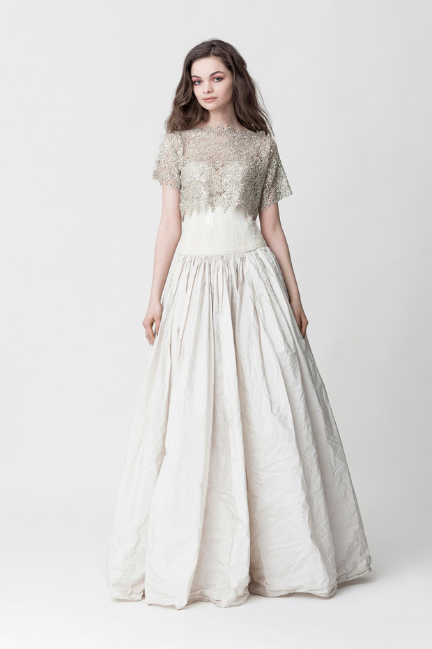 Makany Marta Midsummer Nights Dream Wedding Dresses 2015 - Silk Dupioni skirt and beautiful lace cropped overlay top, Olivia Dress | See the full collection at onefabday.com