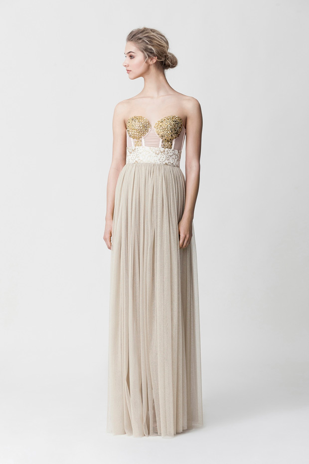 Makany Marta Midsummer Nights Dream Wedding Dresses 2015 - Champagne coloured tulle dress with gold and sheer embelished bodice, Stella Dress | See the full collection at onefabday.com