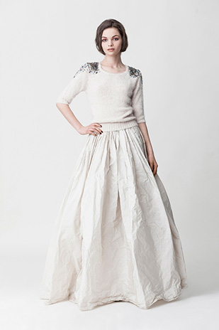 Makany Marta Midsummer Nights Dream Wedding Dresses 2015 - Beautifully embelished knitted top with silk dupioni skirt, Victoria Dress | See the full collection at onefabday.com