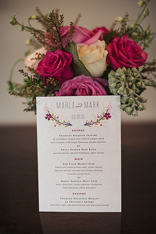 Kraft paper wedding menus | Maria and Mark's pretty in pink and floral wedding by Meridith Lord Photography | onefabday.com