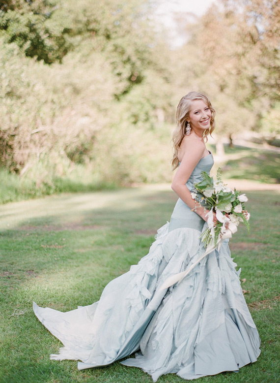 Dusty blue ruffled dress by Tara LaTour | see more beautiful blue wedding dress on onefabday.com