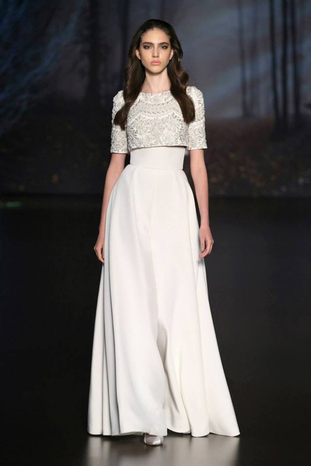 Look number 2 from Ralph and Russo wedding dresses Autumn Winter 2015/2016 - White silk crepe palazzo trousers, with silver crop top - see the rest of the collection on onefabday.com