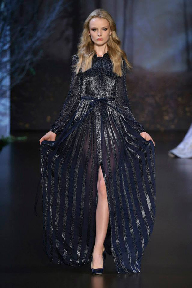 Look number 22 from Ralph and Russo wedding dresses Autumn Winter 2015/2016 - Navy silk chiffon sheer gown with bell sleeves - see the rest of the collection on onefabday.com