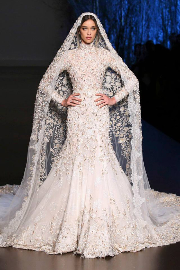 Look number 44 from Ralph and Russo wedding dresses Autumn Winter 2015/2016 - Stunning white and silver Chantilly lace and layered tulle bridal gown - see the rest of the collection on onefabday.com