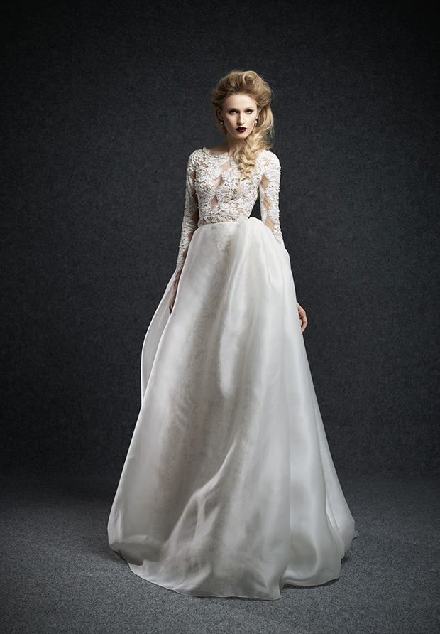 Ena wedding dress from Ersa Atelier wedding dresses Fall 2015 - Long sleeve wedding dress with lace bodice detail -  see the rest of the collection on onefabday.com