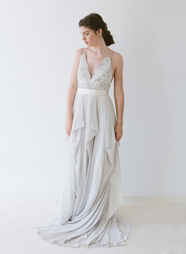 Alexandra a dove grey gown with hand beaded lace and double straps by Truvelle  | onefabday.com