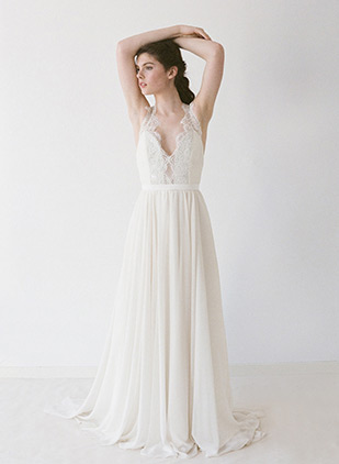 Jordan a chiffon wedding gown with lace straps by Truvelle | onefabday.com