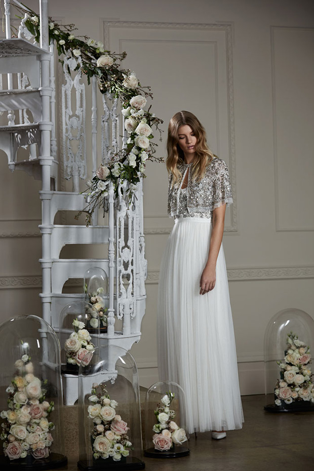 Silver Scallop Maxi Dress and Silver Scallop Cape from Needle & Thread's Autumn/Winter 2016 Bridal Collection - Silver scallop mai dress, ankle length flowing tulle, scalloped beaded silver embroidered top with matching sheer silver scalloped cropped cape - see the rest of the collection on onefabday.com