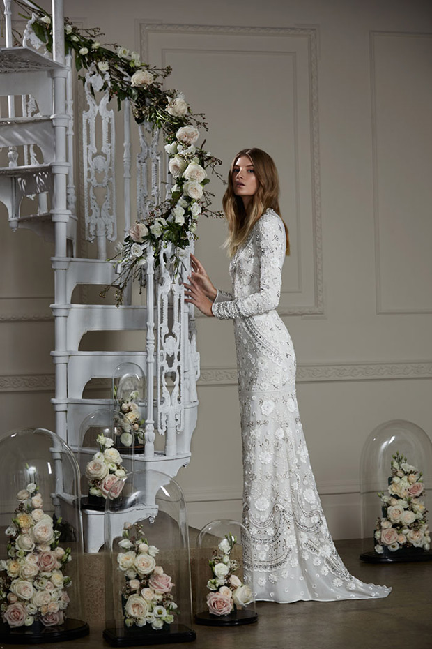 Victorian Lace Gown from Needle and Thread wedding dresses 2016 Autumn Winter Bridal Collection - Long sleeved, victorian lace gown with a sleek lines and gorgeous floral silver embroidery - see the rest of the collection on onefabday.com