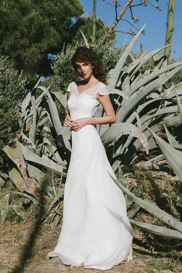 Beirut from Otaduy wedding dresses 2016 - high vneckline with a silk gause overlay and cap sleeves,flowy full length skirt- see the rest of the collection on onefabday.com