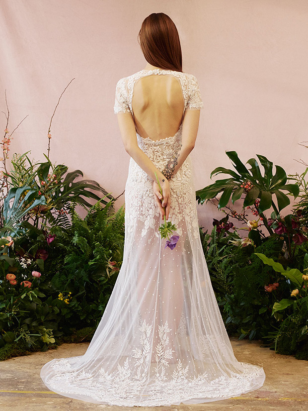 17 from Hermione de paula wedding dresses 2016 - Oval open backed dress with small capped sleeve's,long skirt which is sheer from the knee down. Beautiful delicate patterns on the sleeves and skirt - see the rest of the collection on onefabday.com