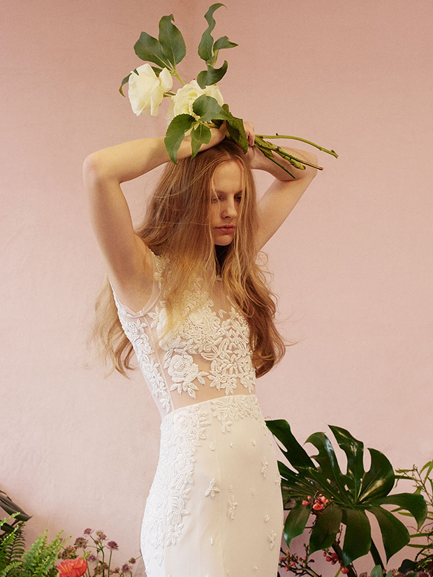 20 from Hermione de paula wedding dresses 2016 -Sheer bodice with  an overlay of  fine flower detailing and tight fitting skirt - see the rest of the collection on onefabday.com