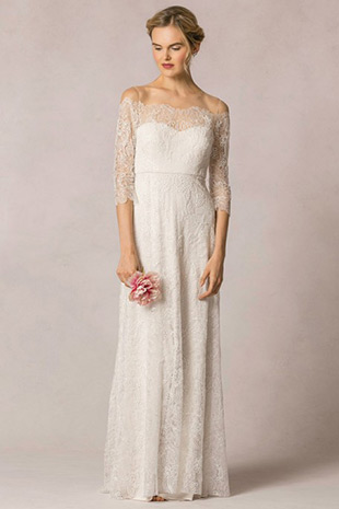 Candela from Jenny Yoo wedding dresses 2016 -This dress has an off-the-shoulder sheer illusion neckline,A-line skirt that starts at an empire waist seam,and ¾ length sheer sleeves- see the rest of the collection on onefabday.com