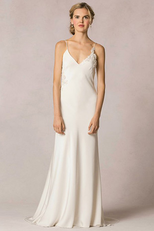 celine-with-applique from Jenny Yoo  wedding dresses 2016 - Slip gown with a vnecklins and an A line skirt,it also has lace detailing on the bust -  see the rest of the collection on onefabday.com