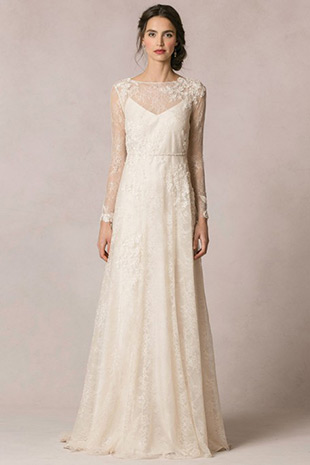 Colette from Jenny Yoo wedding dresses 2016 -A eide v neckline with spaghetti straps and an illusion neckline.Sheer long sleeves with chantilly lace -  see the rest of the collection on onefabday.com