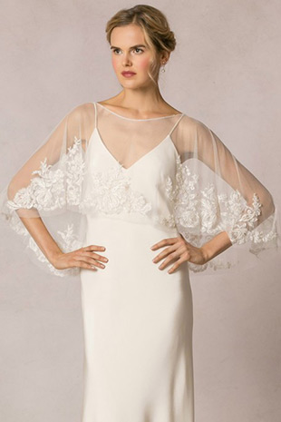 Ophelia Capelet from Jenny Yoo wedding dresses2016 -Soft tulle cape at elbow length. There is small beaded lace detail around the trim .  -  see the rest of the collection on onefabday.com