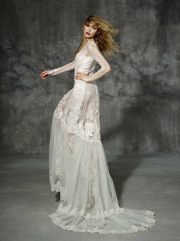 Alibey from Yolan Cris wedding dresses 2016 Lace wedding dress with raglan long sleeves, hand-sewn silk guipure applications and beautiful skirt that gets full volume from the knees.-- see the rest of the collection on onefabday.com