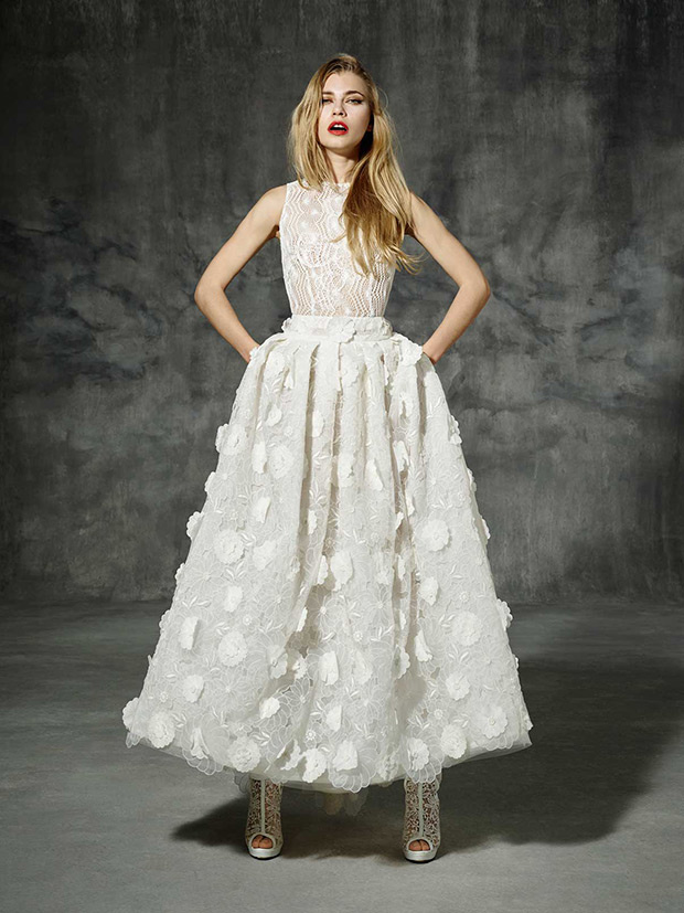 Casanova from Yolan Cris wedding dresses 2016 -Modern wedding dress with a boho folk style, ideal for wearing with boots, ankle-lenght skirt. Lace top and lovely girly skirt  made of 3D flowers sewn by hand.-  see the rest of the collection on onefabday.com