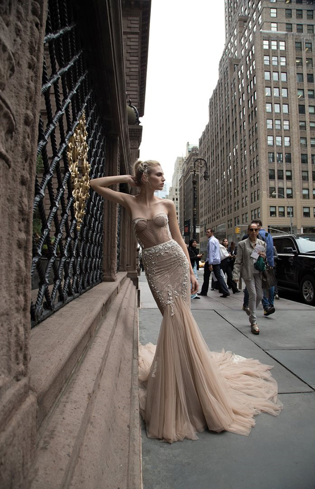 Dress 5 from Inbal Dror wedding dresses 2016 Bridal Collection - Blush nude mermaid gown with embroidered corset, shimmery detailing, and layered tulle - see the rest of the collection on onefabday.com