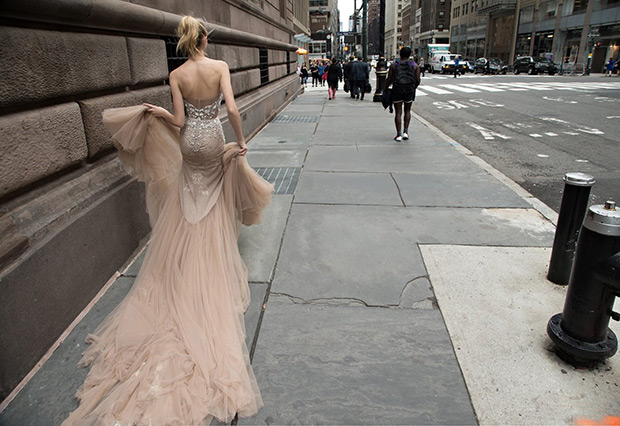 Dress 5 back from Inbal Dror wedding dresses 2016 Bridal Collection - Blush nude mermaid gown with embroidered corset, shimmery detailing, and layered tulle - see the rest of the collection on onefabday.com