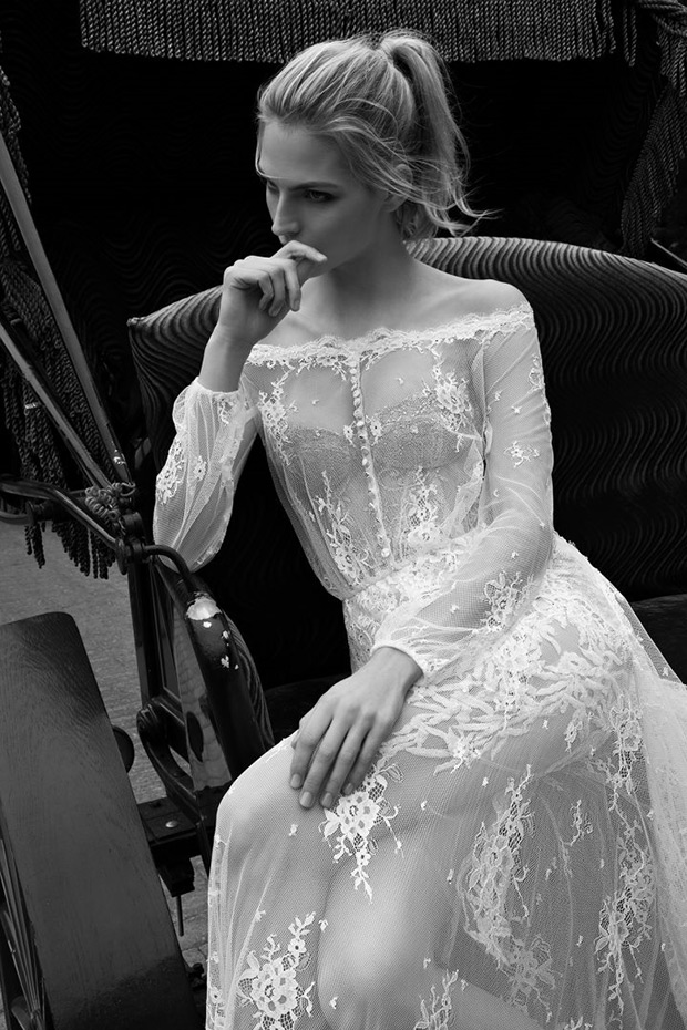 Dress 7 from Inbal Dror wedding dresses 2016 Bridal Collection - Sheer, off the shoulder, long sleeved white lace gown -  see the rest of the collection on onefabday.com