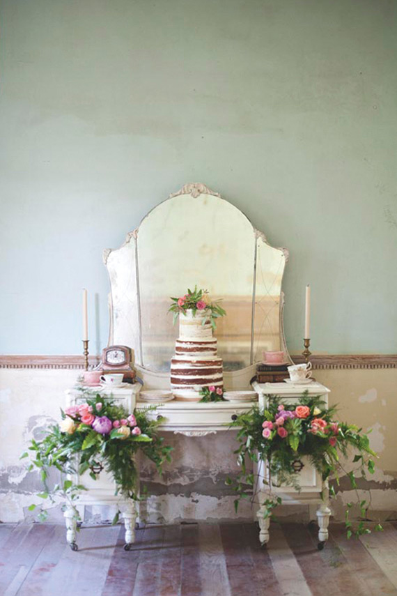 A vintage dresser provides the perfect cake table display for a vintage inspired wedding. // onefabday.com