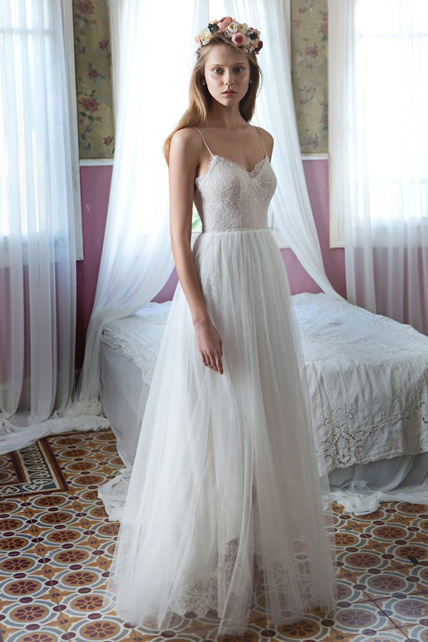 Dress No.1 from Tali Handel wedding dresses 2016 - A-line tulle skirt with a small belt around the waist.Sweetheart neckline with lace detailing overlay. Small shoe string straps.-  see the rest of the collection on onefabday.com