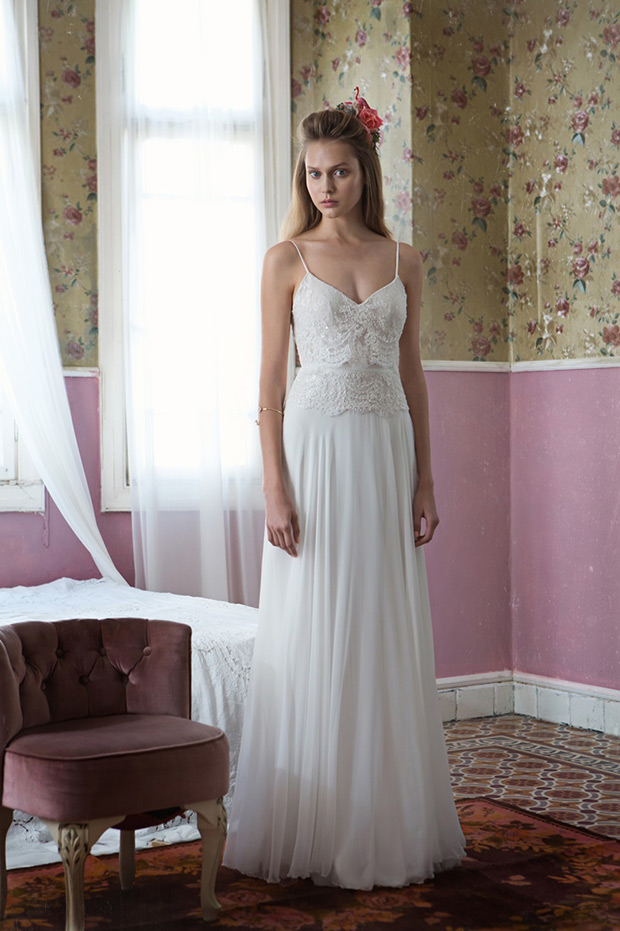 Dress No.10 from Tali Handel wedding dresses 2016 - Shoe string crop top with embroidered detailing. Chiffon skirt with small detailing on the waist line.-  see the rest of the collection on onefabday.com