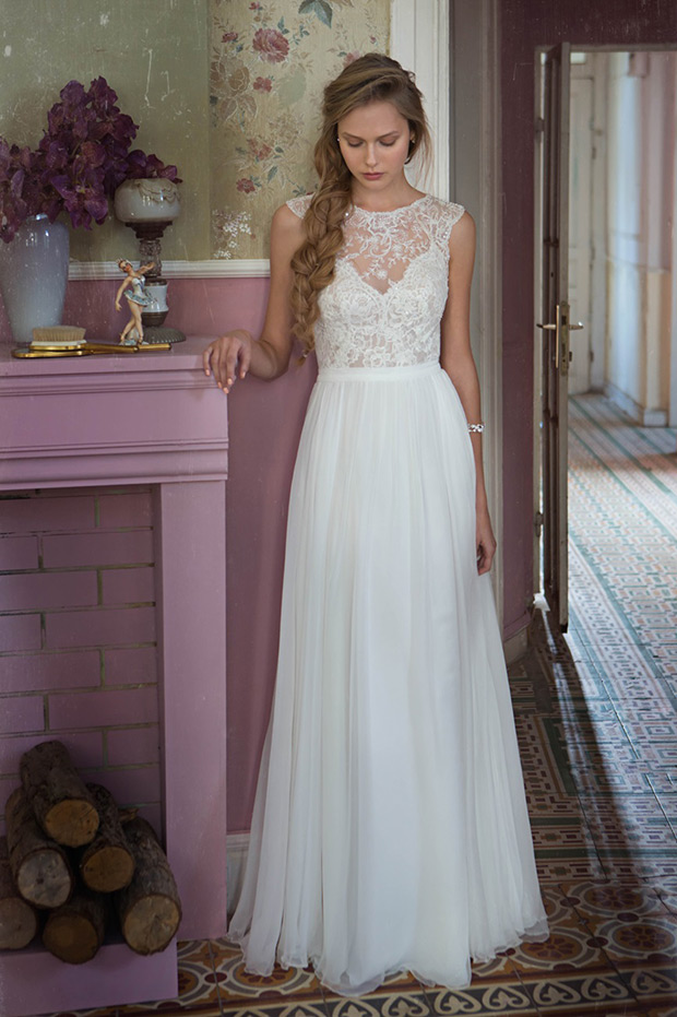 Dress No.2  from Tali Handel wedding dresses 2016 -Full chiffon a-line skirt. V-Neck line bodice with a high neck overlay of embroidered lace. Small cap sleeves. -see the rest of the collection on onefabday.com