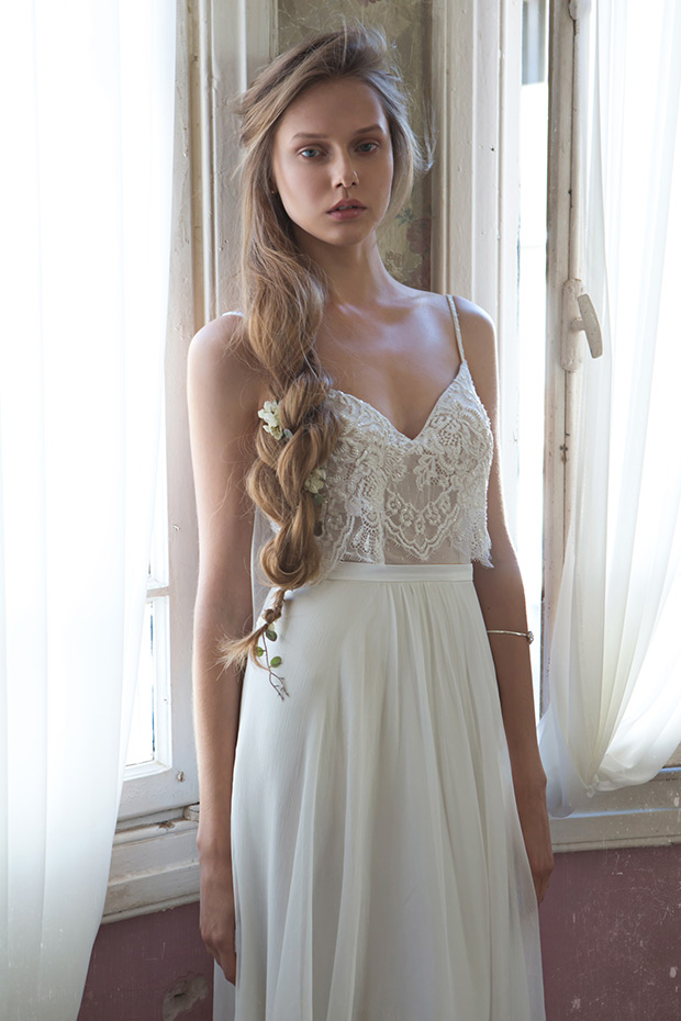 Dress No.3  from Tali Handel wedding dresses 2016 - Two pieces wedding dress. High waisted a-line chiffon skirt with draping at the end of the skirt.Sheer lace embrodiered detailing in the crop top, small shoe strings straps-  see the rest of the collection on onefabday.com